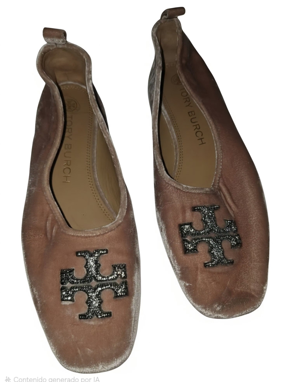 Tory Burch Blush Velvet Flats with Black Glitter Logo